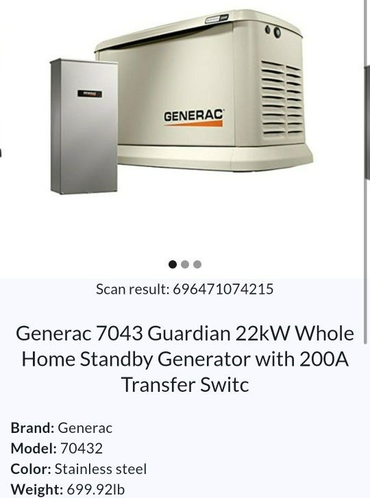 New Generac Standby Generator 22 KW Includes 200 Amp Transfer Switch, Runs On Propane Or Natural Gas