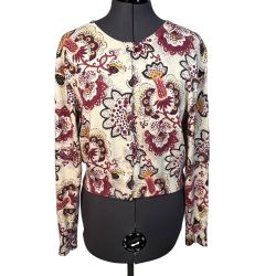 Fossil Women's Floral Cardigan Sweater Lightweight Crew-Neck Beige Purple Size L