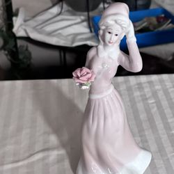 Vintage Porcelain Woman Figurine Pretty In Pink Windy Day Lady And Rose 8” Tall 