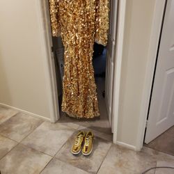 Gold Dress...size large, Absolutely Beautiful!! Size 8 1/2 Shoes...great for the Prom!