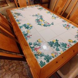 Italian Hand Painted Kitchen Table..Grape Vine Design!@..Solid Wood And Tile Top..Size 62x38 Wide 30 Inches Tall...6 Padded Solid Wood Kitchen Chairs.