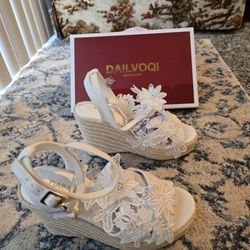 Women'S Platform Sandals Wedge Open Toe Ankle Strap Lace Wedding Shoes Size 5