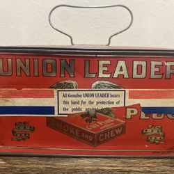 1920s Red Union Leader Cut Plug Tobacco Hinged Lunch Box Pail Tin Handle Clasp!