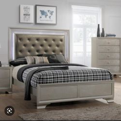Queen Bed Frame Glam Upholstered LED Headboard🤩Brand New