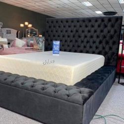 
\ASKdISCOUNTcOUPOn] queen King full twin  Bed Prs Black Gray Blue Velvet Upholstered Storage Platform Bed  🛎