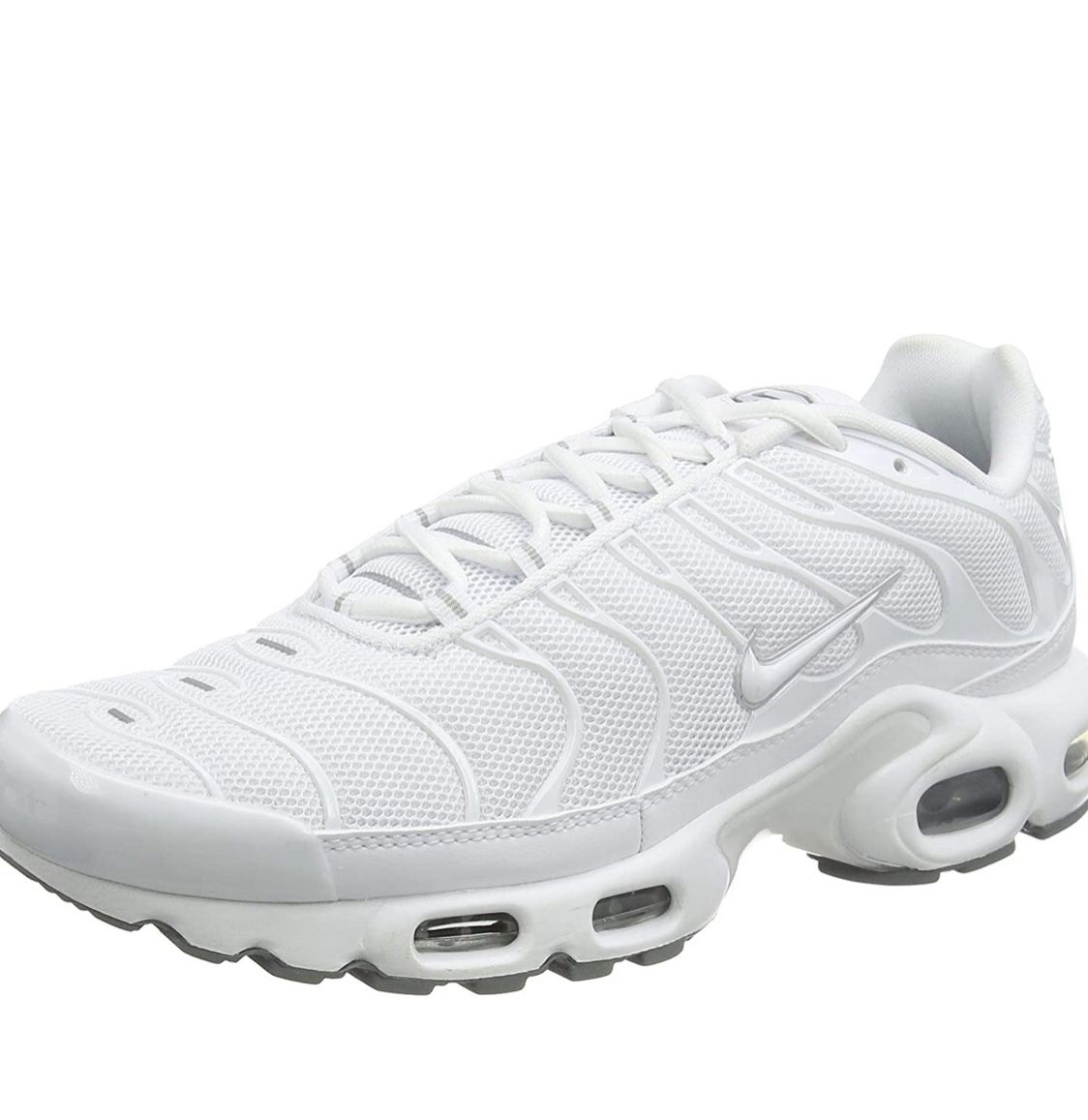 Nike Men's Air Max Plus Running Sneakers Leather Triple White Size 11 Preowned. Condition is "Pre-owned". Well loved Preowned. Please see all photos