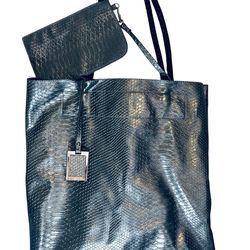 INZI Silver 2-in-1 Python Texture Shopper Tote with brown Braided Handles