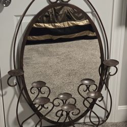 Vintage Heavy Oval Ornate Rustic Brown Mirror with 5 Candelabra's 38.5"