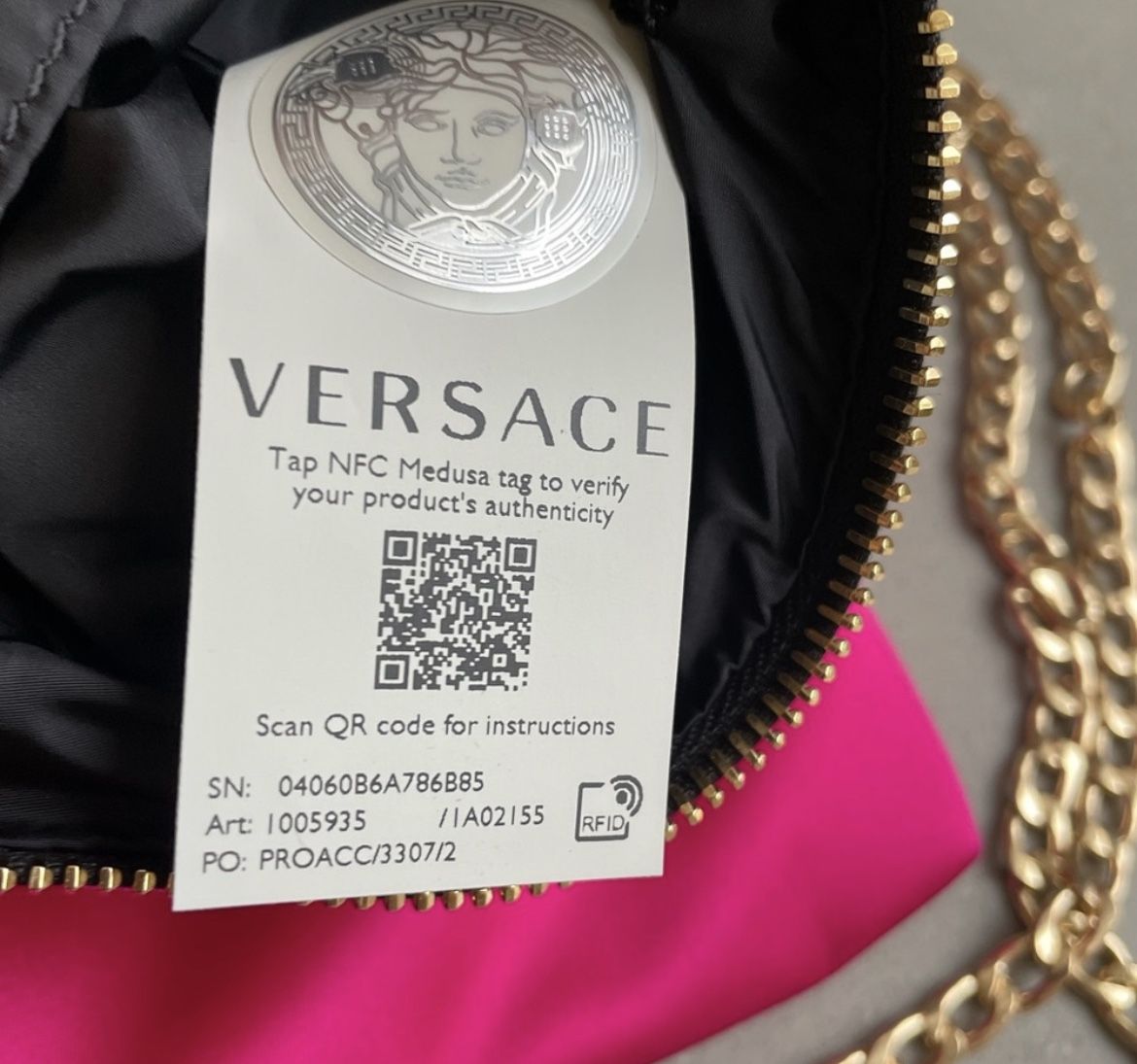 Authentic NWT Versace luggage leather black tag silver Medusa with box and  pouch