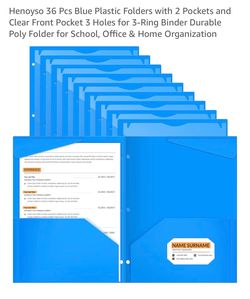Classroom  Teacher 36 Pcs Blue Plastic Folders w 2 Pockets & Clear Front Pocket 3 Holes for 3-Ring Binder Durable Poly Folder for School, Office & Hom