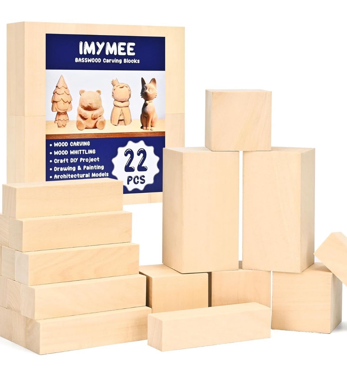 Basswood Carving Blocks-22PCS Whittling Wood Blocks Wood Carving Kit with 3 Different Sizes,Soft Basswood for Whittling, Easy to Use for Kids and Adul
