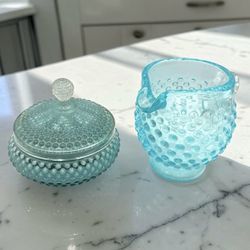 Aqua Blue Hobnail Glass Creamer and Covered Sugar Bowl Set