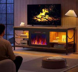 Rustic Brown 55 in. Freestanding Electric Fireplace TV Stand TV Console with Open Storage Shelves Fit TVs up to 65 in.