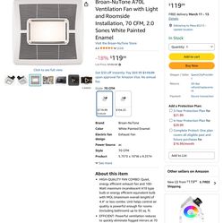 Broan-NuTone A70L Ventilation Fan with Light and Roomside Installation, 70 CFM, 2.0 Sones White Painted Enamel