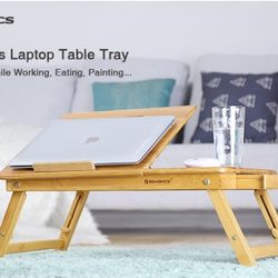 Laptop Desk, Adjustable Bamboo Bed Table and Breakfast Tray with 5 Tilting Angles, Cooling Holes and Drawer

