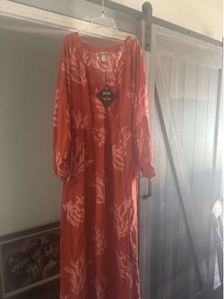 Ava & Viv Coral Print Long Sleeve Maxi Dress with Light Pink Accents