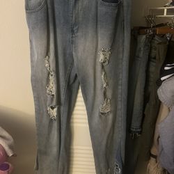 Blue Ripped Flare Denim Jeans