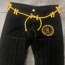 Work Out Outfit - Adult 2 Piece Size: 2A, 100% Cotton, “Old Man Jiu Jitsu, Respect Your Elders” with Virgin of Guadalupe on Inner of Coat.