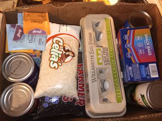 Box of food and 2 bags
