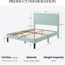Boucle Upholstered Full Size Bed Frame, Ice Blue Platform Bed with Adjustable Headboard, Wooden Slats Support, No Box Spring Needed, Noise-Free, Easy 