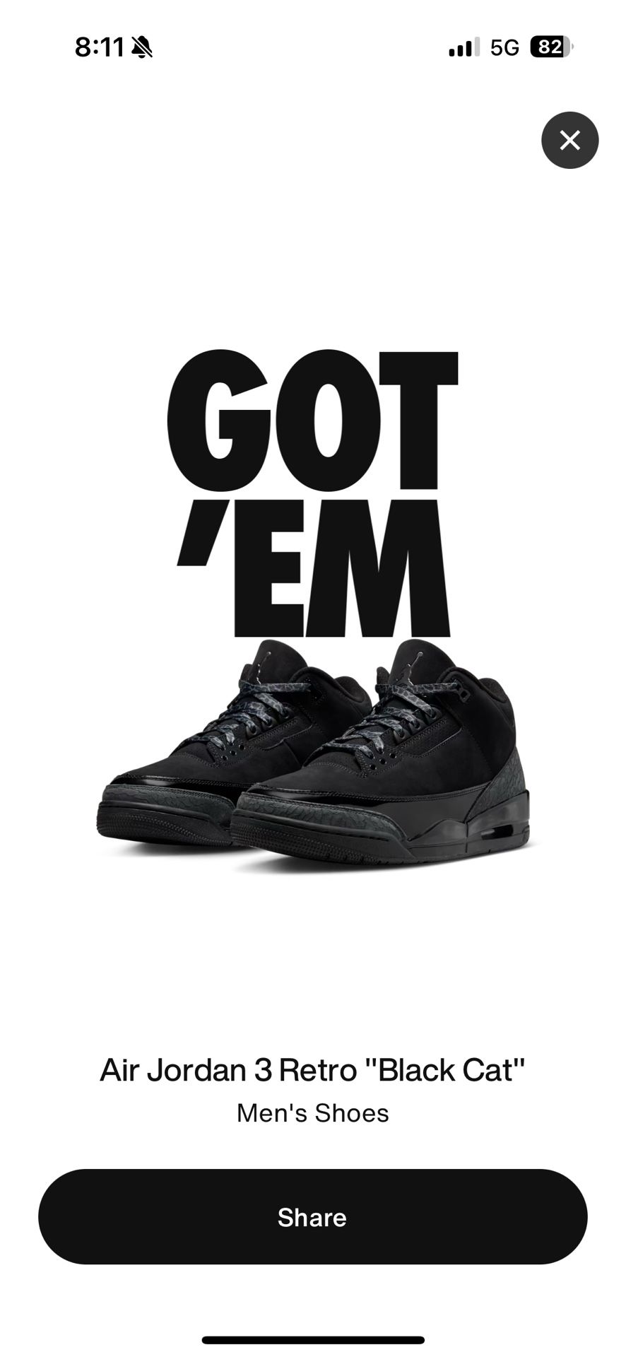 Air Jordan 3 Retro 'Black Cat' 2025 US Men's 10.5 / New In Box