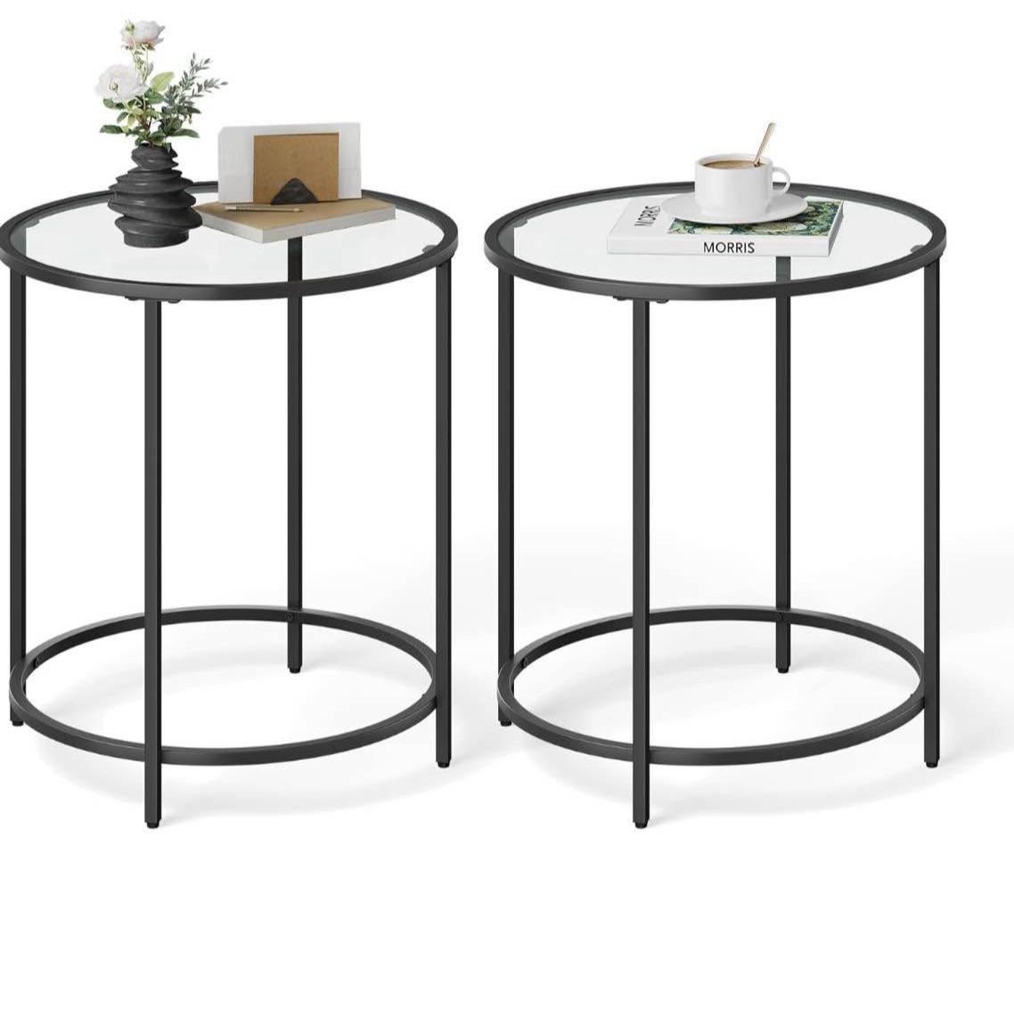 Round Side Tables, Set of 2, Glass End Tables with Metal Frame, Black Coffee Tables with Modern Style, for Living Room, Balcony, Bedroom,