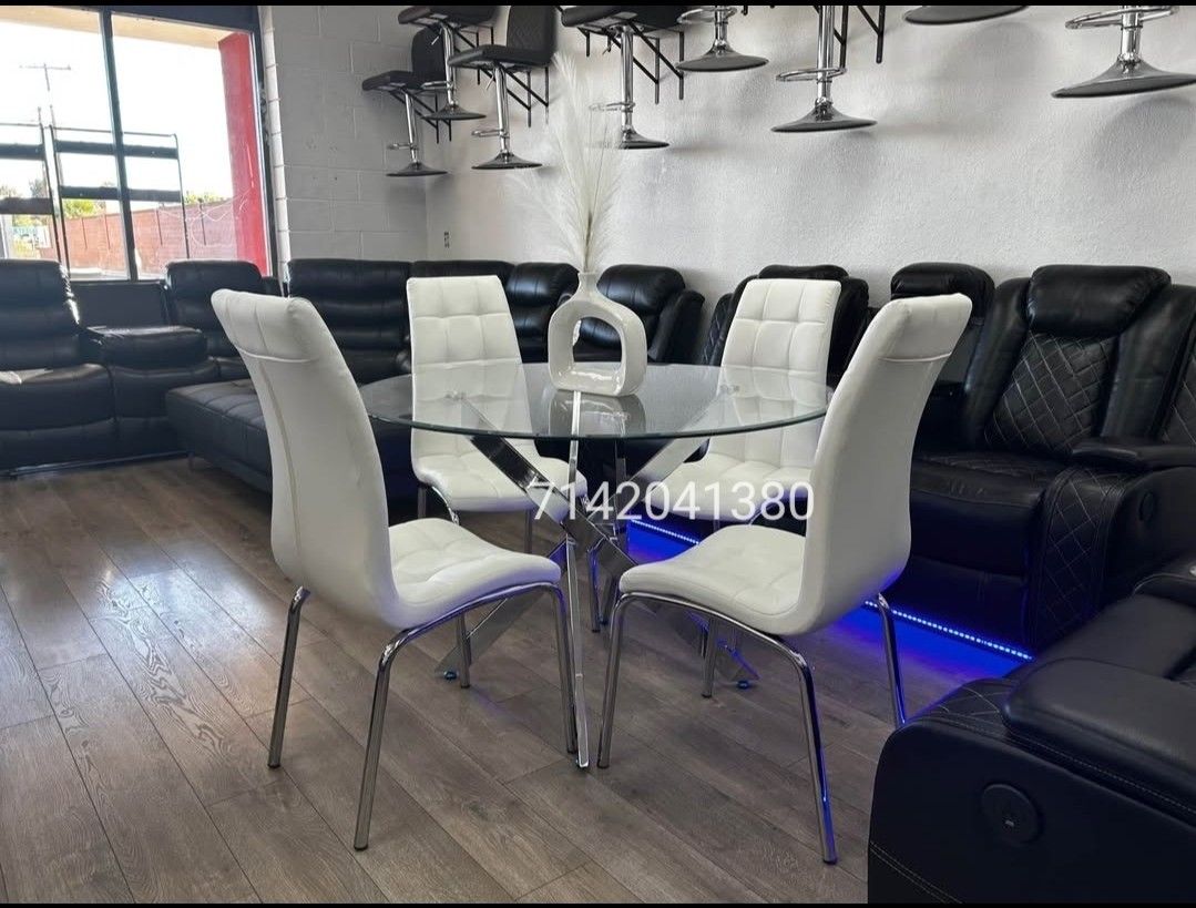 White Leather Glass Top Dining Table Set
