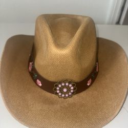 Khaki Cowboy Style Hat w/ Pink Flowers