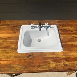 Custom, Oak, farmhouse vanity with a Toto sink, and Delta faucets. Width: 32-3/4in Height: 30in Length: 50-1/2in Could shorten if necessary.