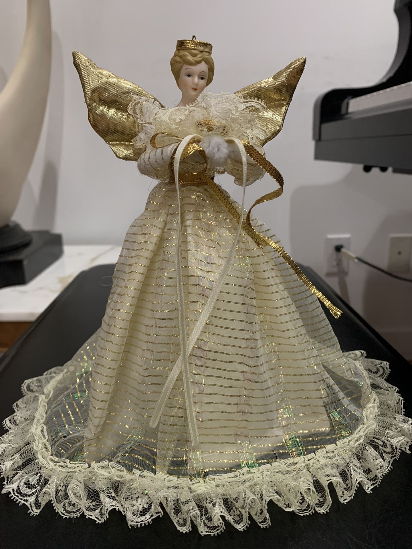 Vintage 8.5” tall Angel golden tree ornament topper  In great condition