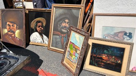 Vintage art original HUGE BLACK VELVET 1970s kitch Tiki Bandito mid century Oil PAINTINGS