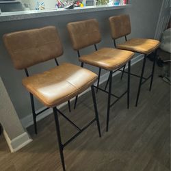 Mid-Century Modern Cognac Faux Leather Bar Stool with Black Metal Frame (Set of 3
