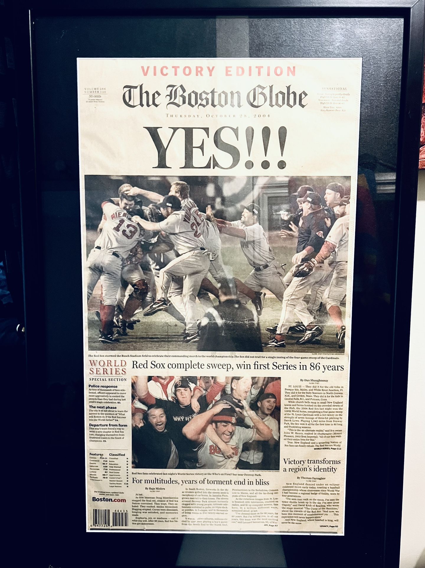 2004 Boston Red Sox World Champion Original Framed Boston Globe Front Page