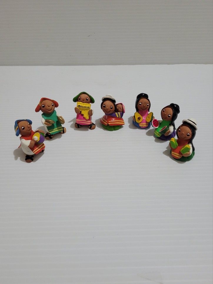 Vintage Handmade Ceramic Mini Dolls 2" Tall Traditional Cholitas Bolivian Lot-7.