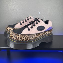 Dr. Martens Buzz 5-Eye Leopard Suede Platform Shoes in Powder Pink