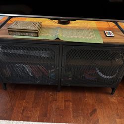 Industrial TV Stand / Media Console – Mesh Doors + Wood Top