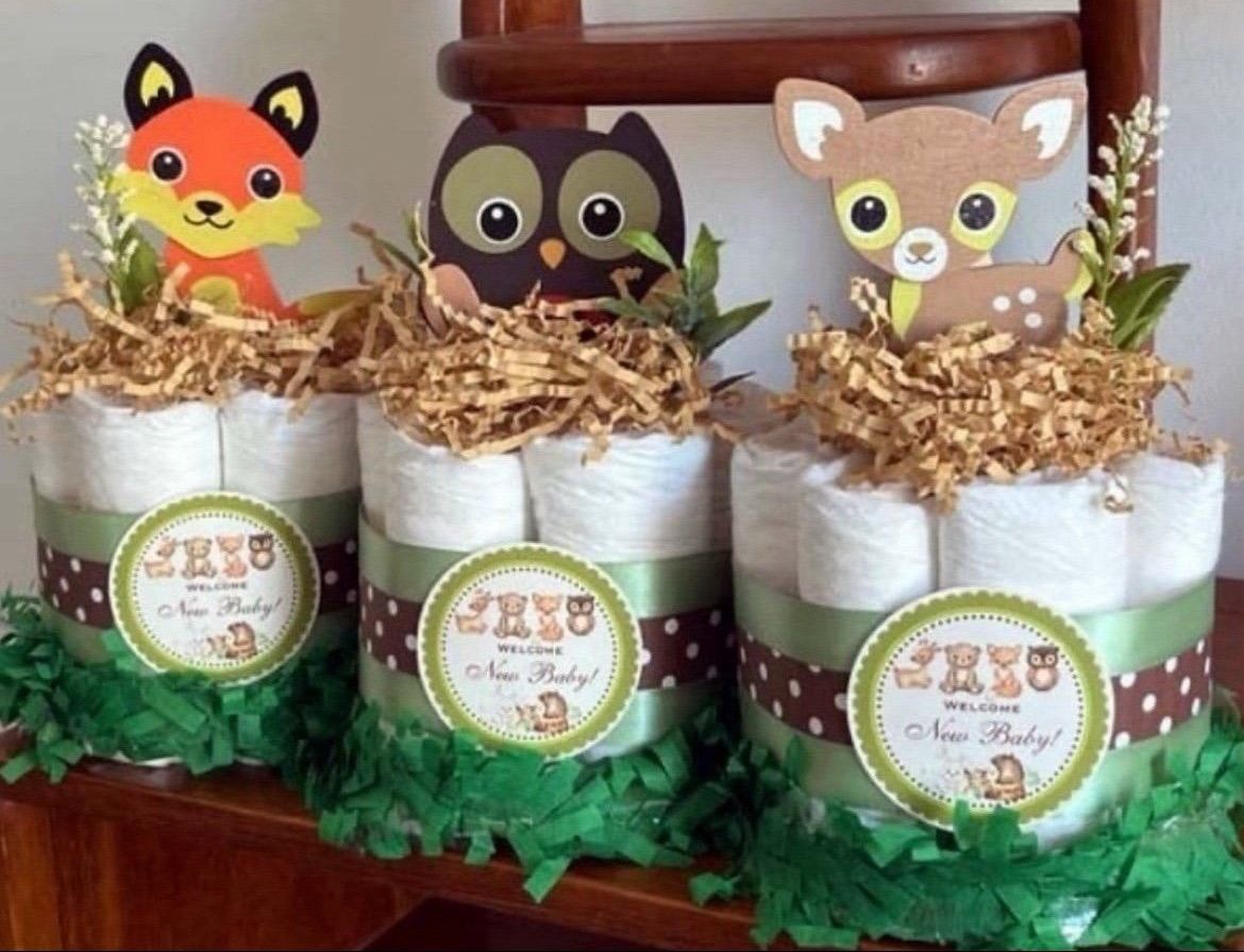 3 WOODLAND CREATURES baby shower diaper cakes
