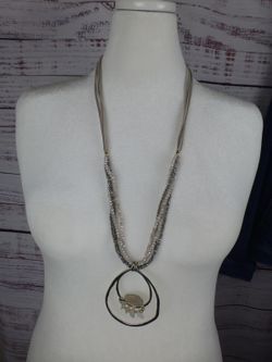 Long Multi-Strand Suede Cord Beaded Necklace w/Silver Tone Teardrop Pendant F4