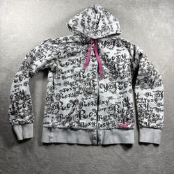 Vintage Roxy Y2K Women’s L Spell-Out Hoodie Surf Skate AOP Reversible #1365