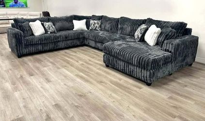 New Large Dark Gray Ribbed Sectional Sofa with Chaise