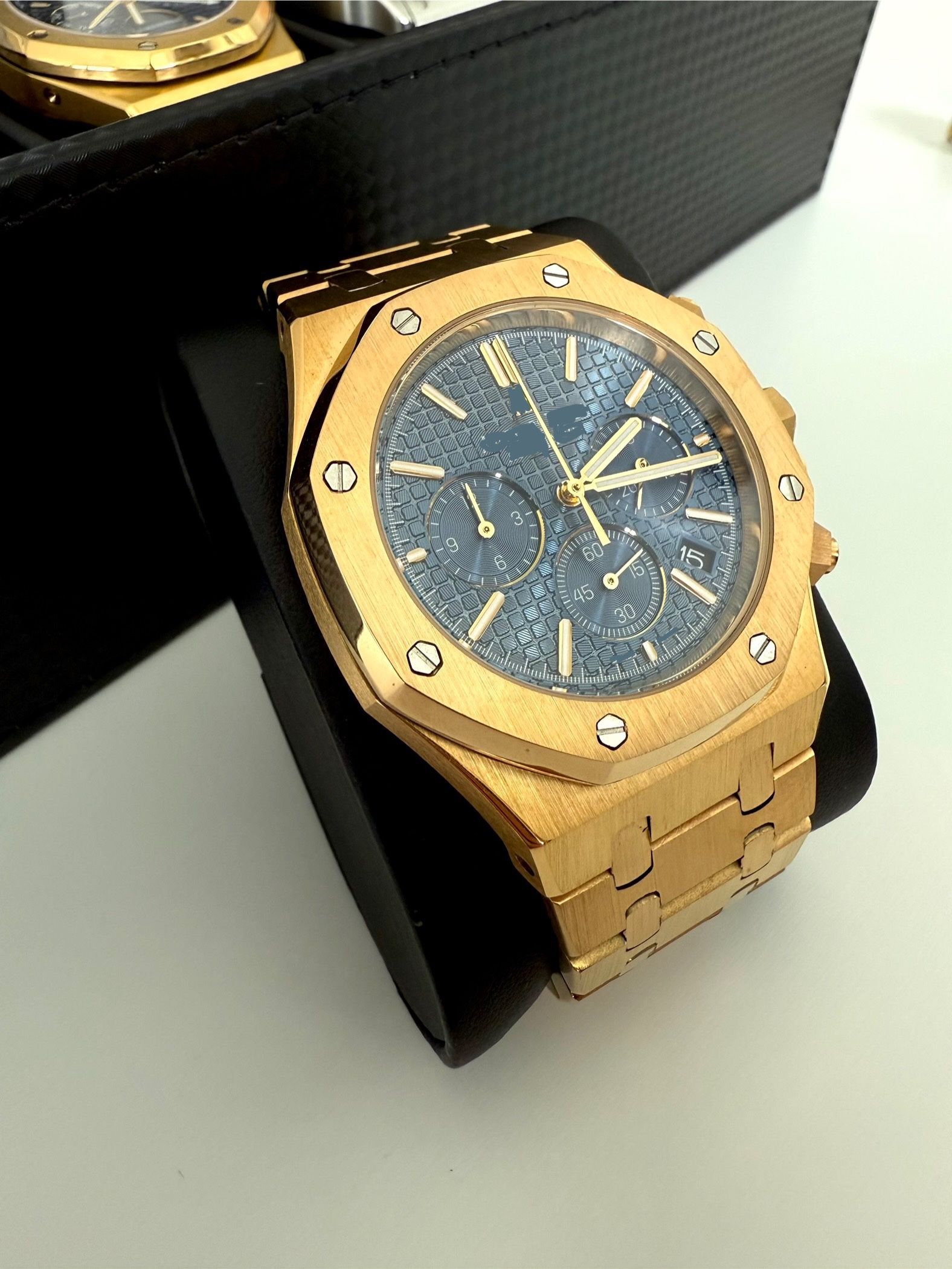 Men Luxury Watch Gold Dark Navy Blue Chronograph