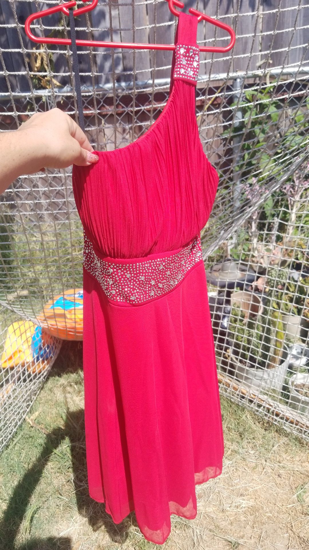 Red one shoulder quinceanera dress