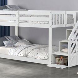 White Twin Low Bunk Bed Frame W/ Reversible Storage Staircase Brand New In Box 