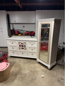 White wooden dresser and armoire set