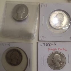 1935 D, 1936, 1937 S, 1938 S Washington Quarters