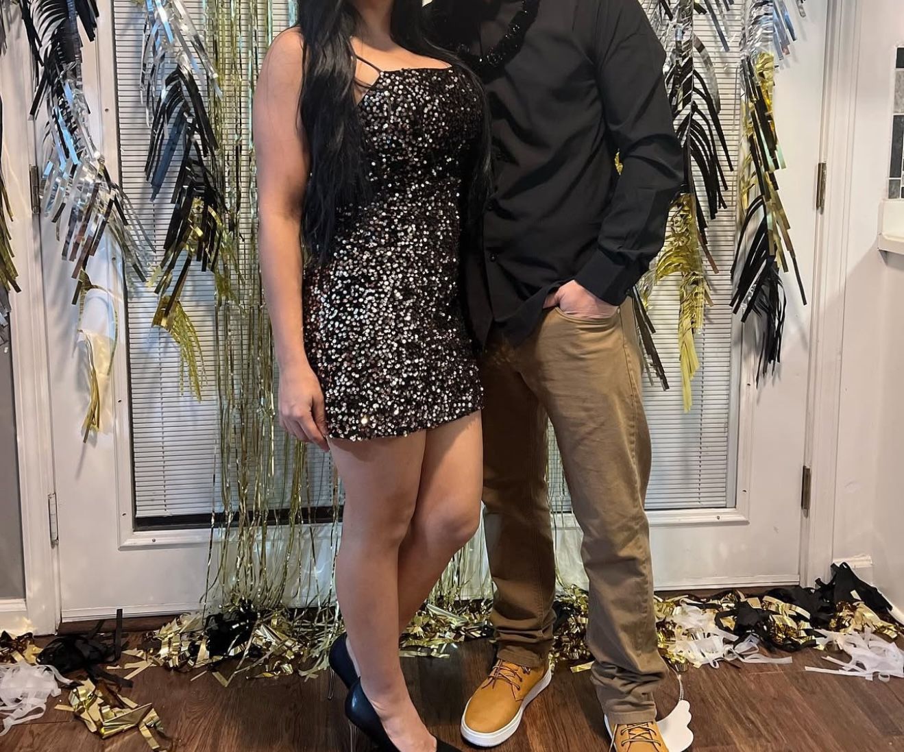 black dress with gold sequins