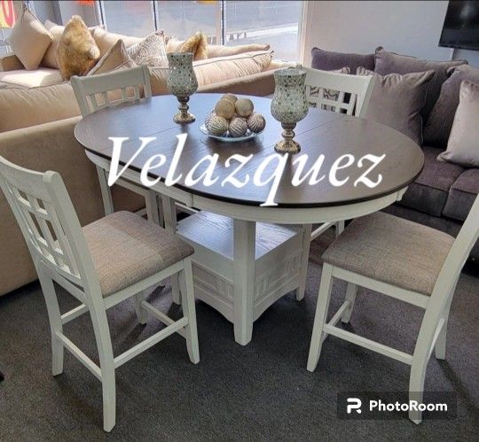 5 pc white grey finish wood counter height oval dining table set.