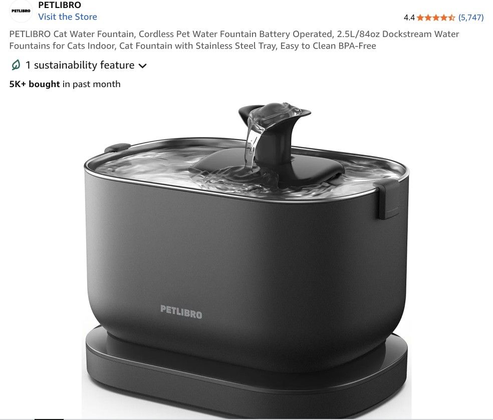PETLIBRO Cat Water Fountain, Cordless Pet Water Fountain Battery Operated, 2.5L/84oz Dockstream Water Fountains for Cats Indoor, Cat Fountain with Sta