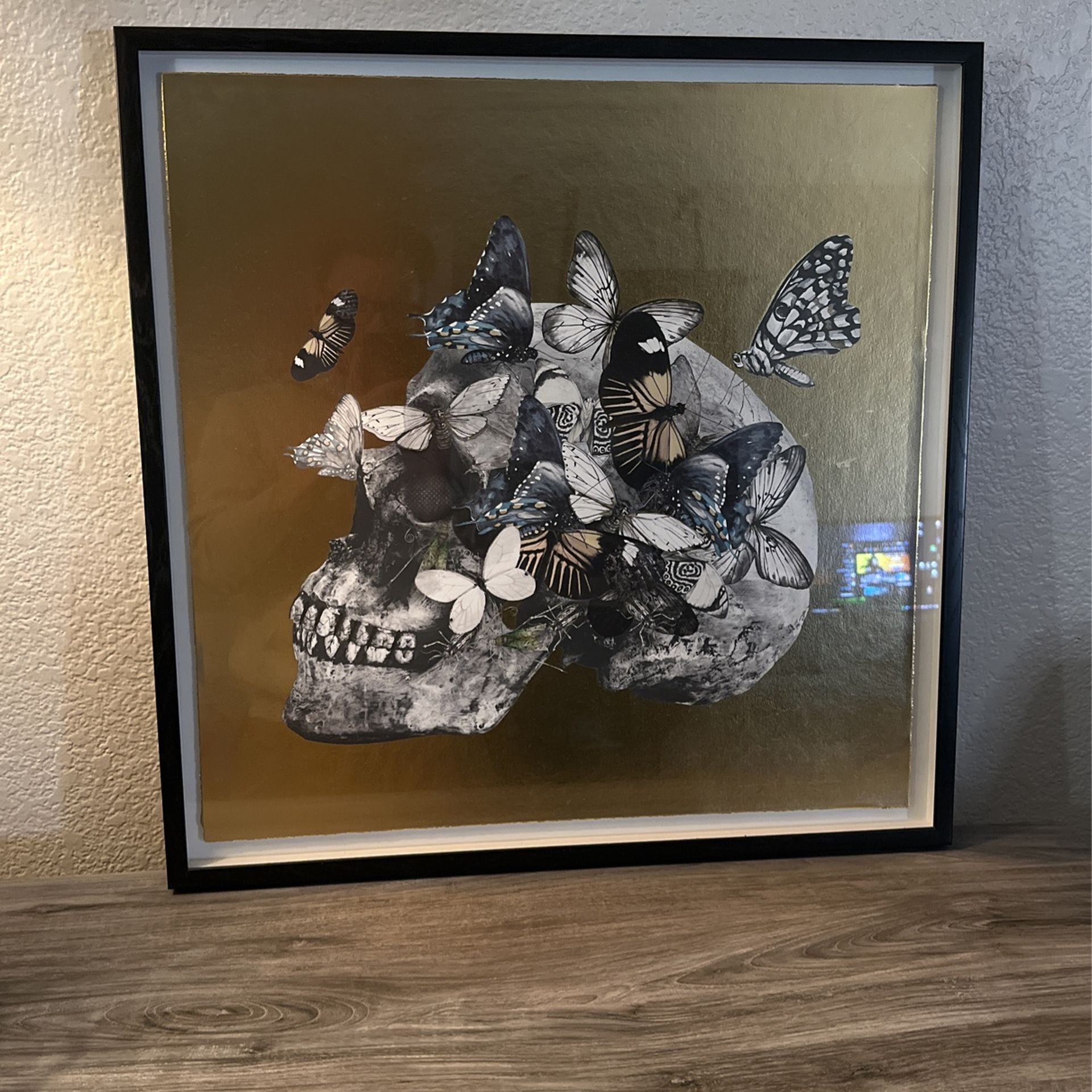 Gold Black And White Skull And Butterflies Art Portait