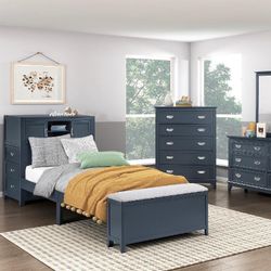 FULL OR TWIN SZ  BOOKCASE PLATFORM BED  W HIDDEN  DESK  STOOL-AND STORAGE BENCH  